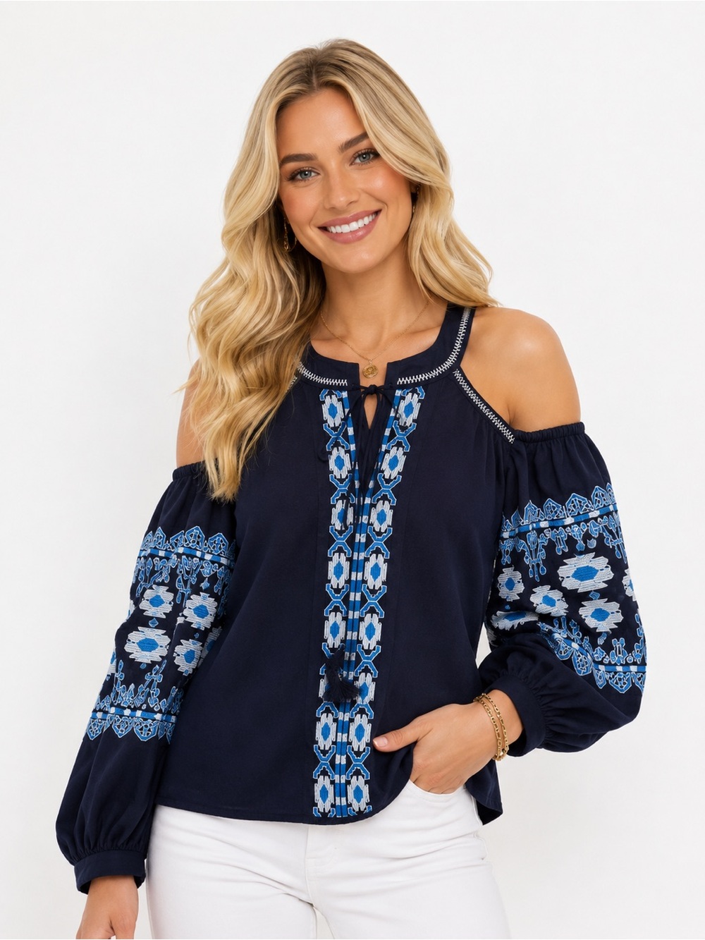 Sugar Lips Size Medium Women's Navy Blue Cold Shoulder Embroidered Puff Top